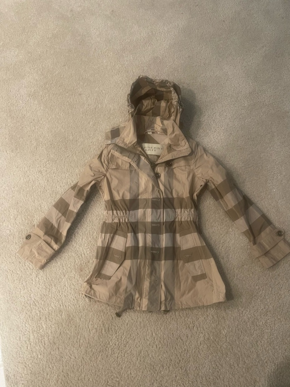 Burberry Tan Plaid Hooded Trench Coat
